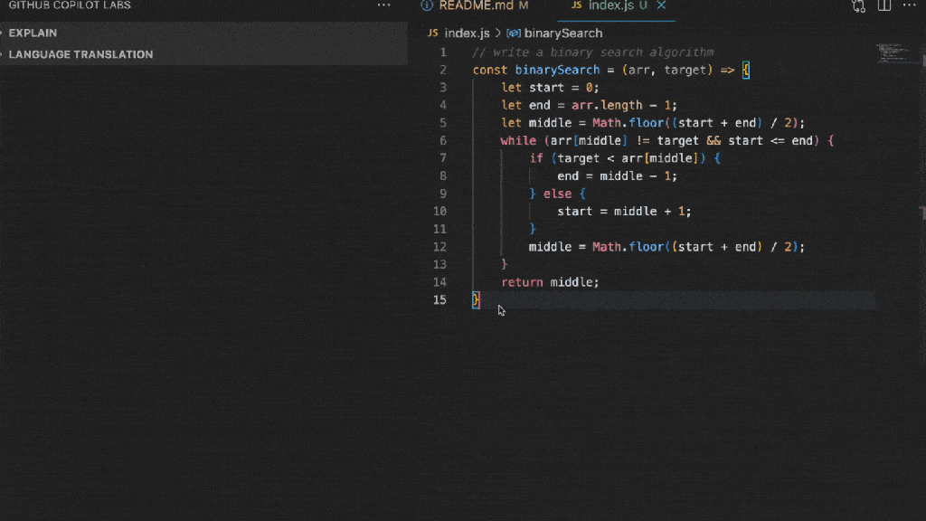 Code generation interface showing binary search algorithm